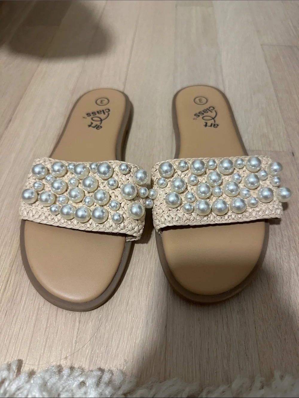 art class Beige Pearl-Embellished Slide Sandals